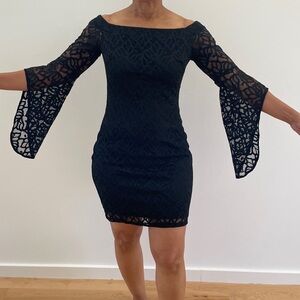 Bebe Black Off-Shoulder Bell Sleeve Sheath Dress